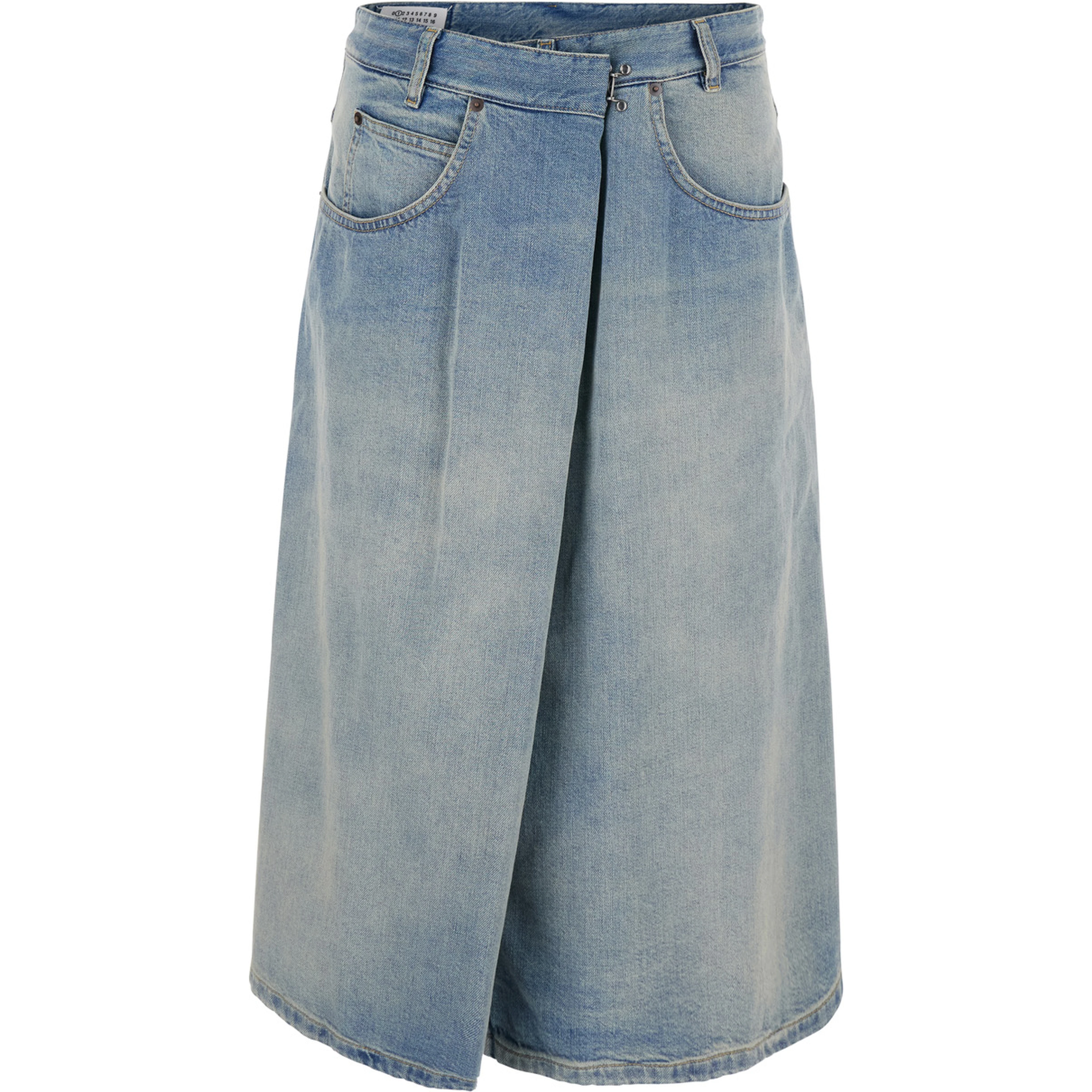 Blue Midi Skirt with Single Front Slit and Faded Design in Denim for Women