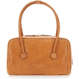 Soft Boston Brown Small Shoulder bag with Two Top Handles and Logo lettering on the Front in Suede for Women