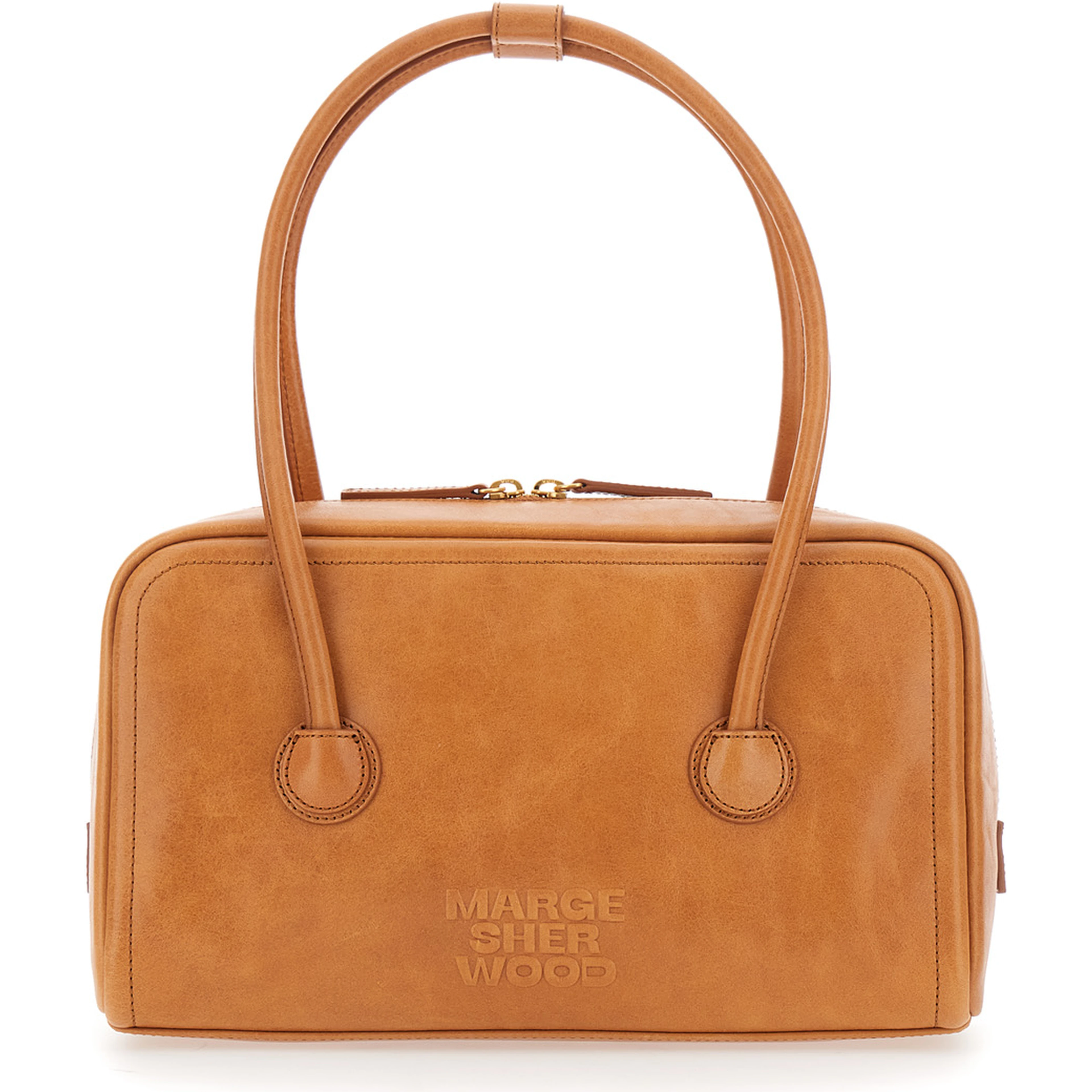 Soft Boston Brown Small Shoulder bag with Two Top Handles and Logo lettering on the Front in Suede for Women