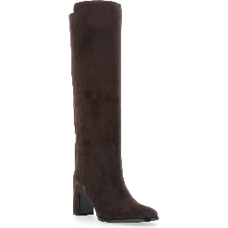 Caly Brown Knee-High Boots with Round Toe and Medium Heel in Suede for Women