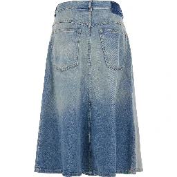 Blue Midi Skirt with Single Front Slit and Faded Design in Denim for Women
