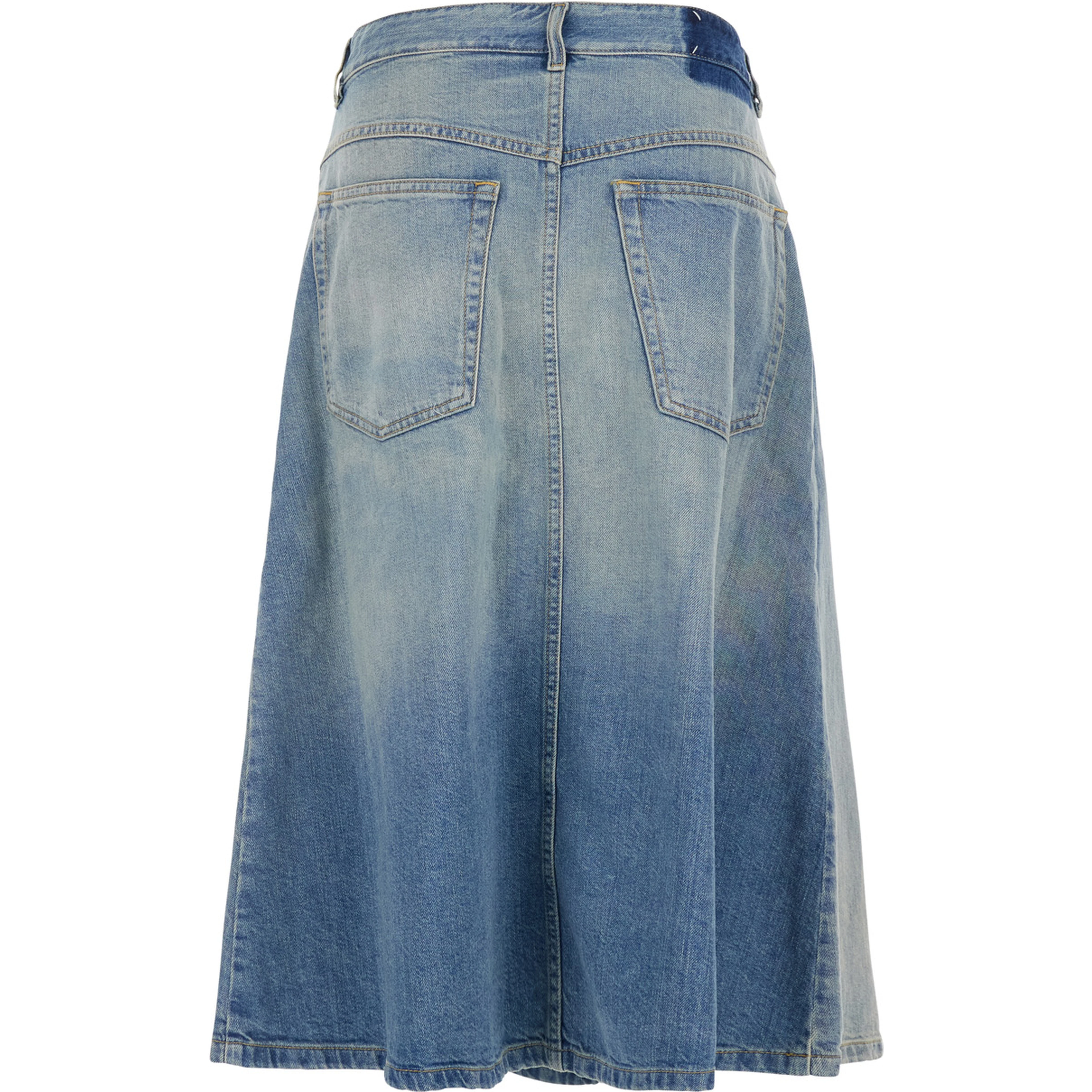 Blue Midi Skirt with Single Front Slit and Faded Design in Denim for Women