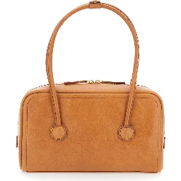 Soft Boston Brown Small Shoulder bag with Two Top Handles and Logo lettering on the Front in Suede for Women