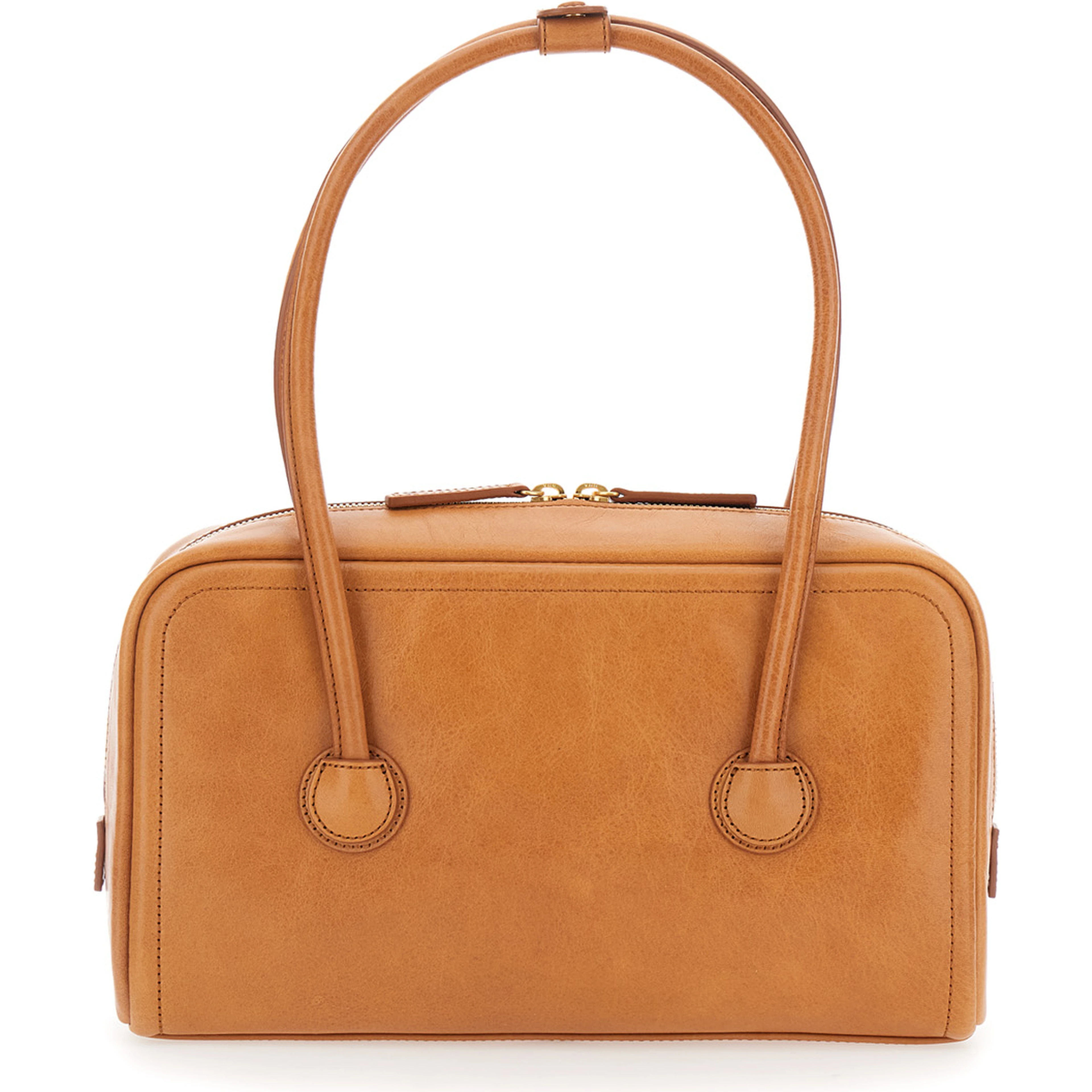 Soft Boston Brown Small Shoulder bag with Two Top Handles and Logo lettering on the Front in Suede for Women