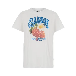 White Crew neck T-shirt with large logo lettering print and strawberries on the front in cotton for women