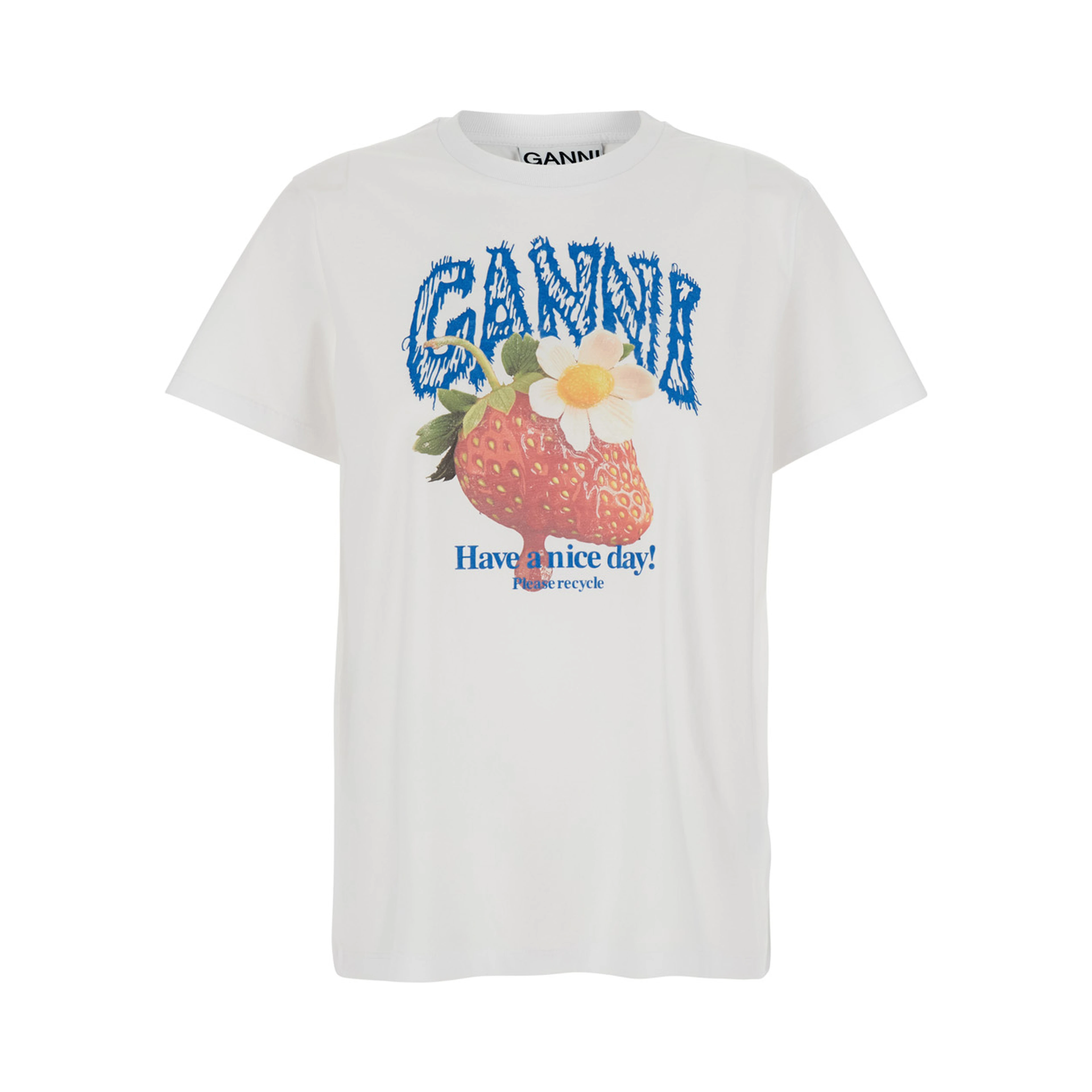 White Crew neck T-shirt with large logo lettering print and strawberries on the front in cotton for women