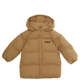 brown Padded jacket with logo on the front and little face on the back in Tech Fabric baby