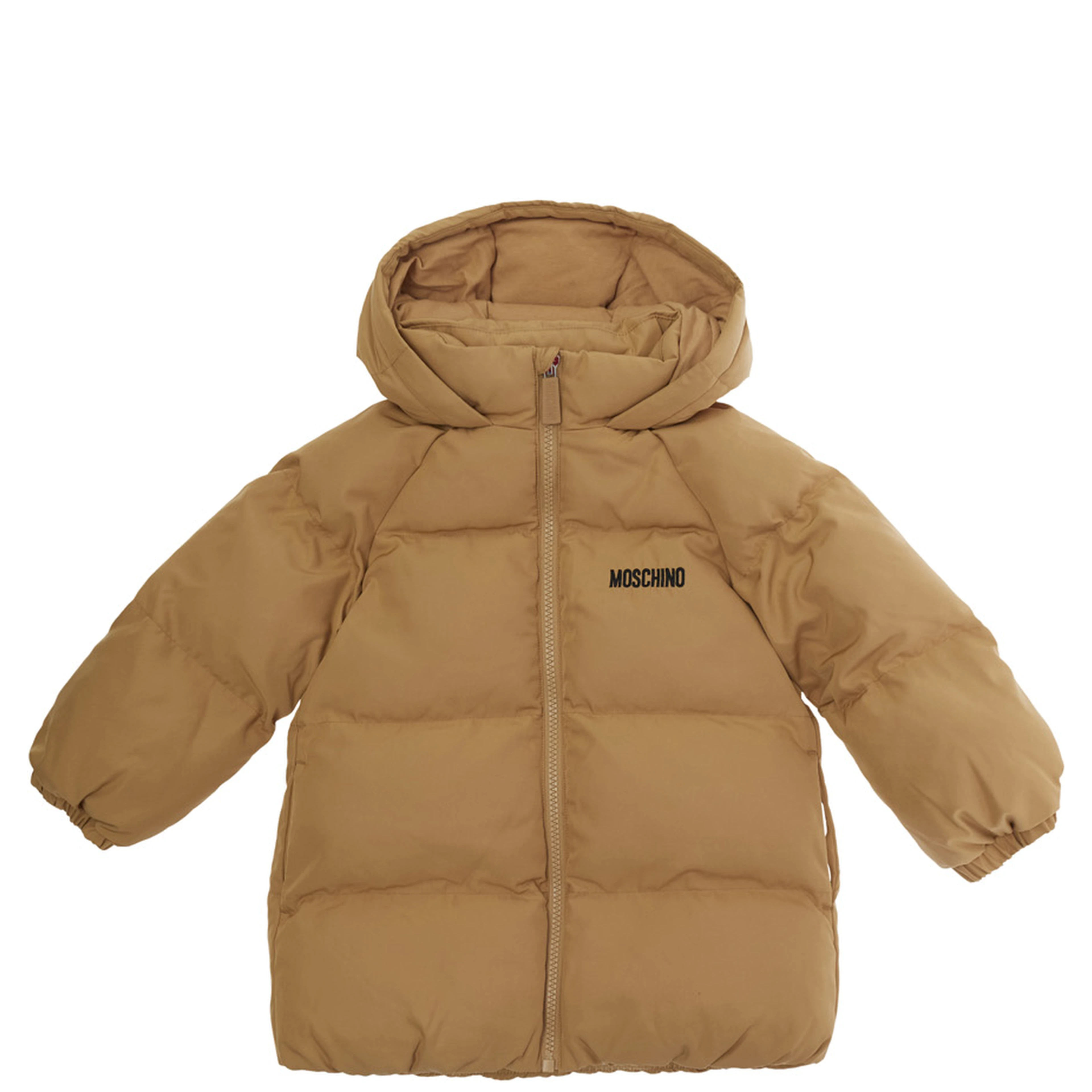 brown Padded jacket with logo on the front and little face on the back in Tech Fabric baby