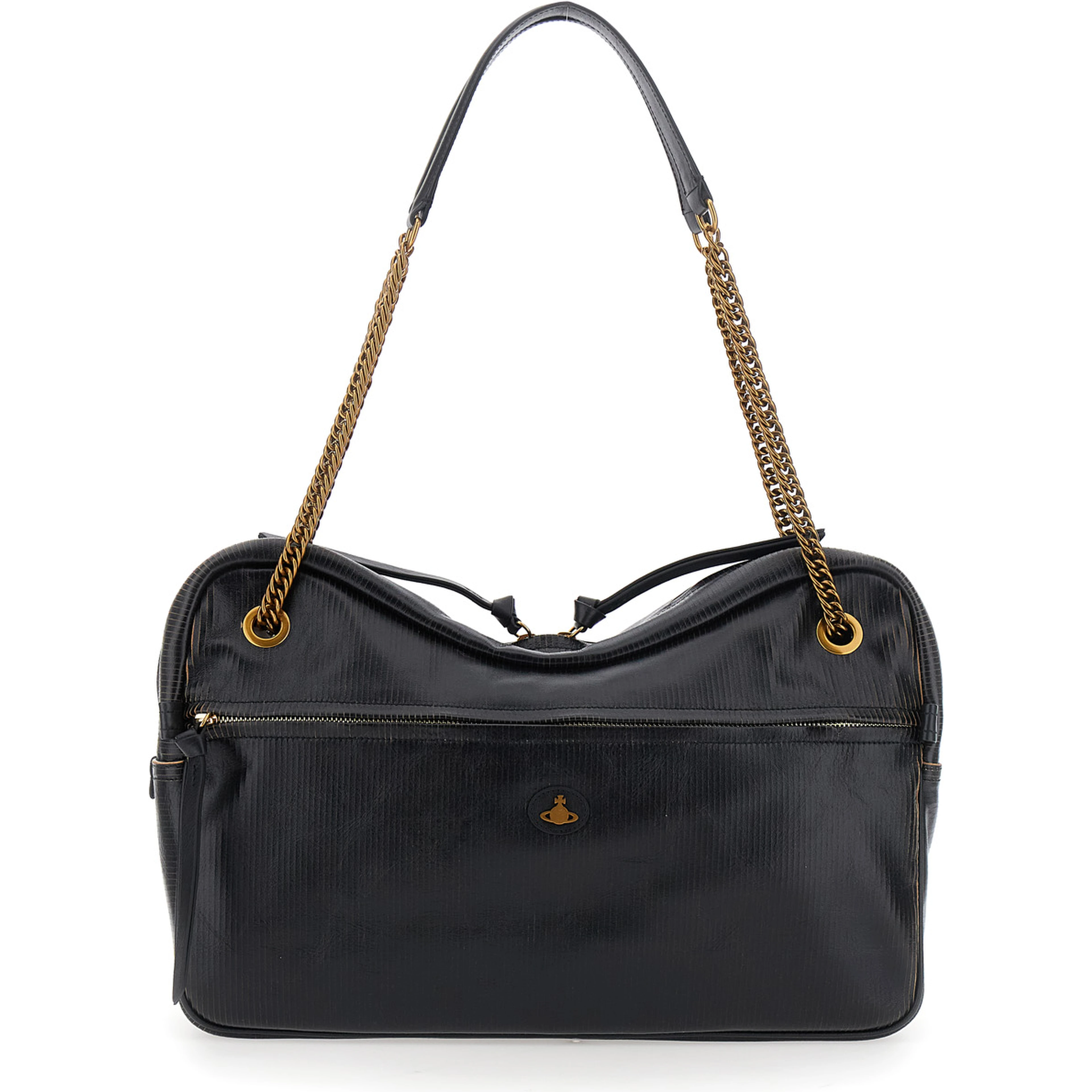 Dolce Large black Crossbody bag with metallic logo on the front in textured leather for women