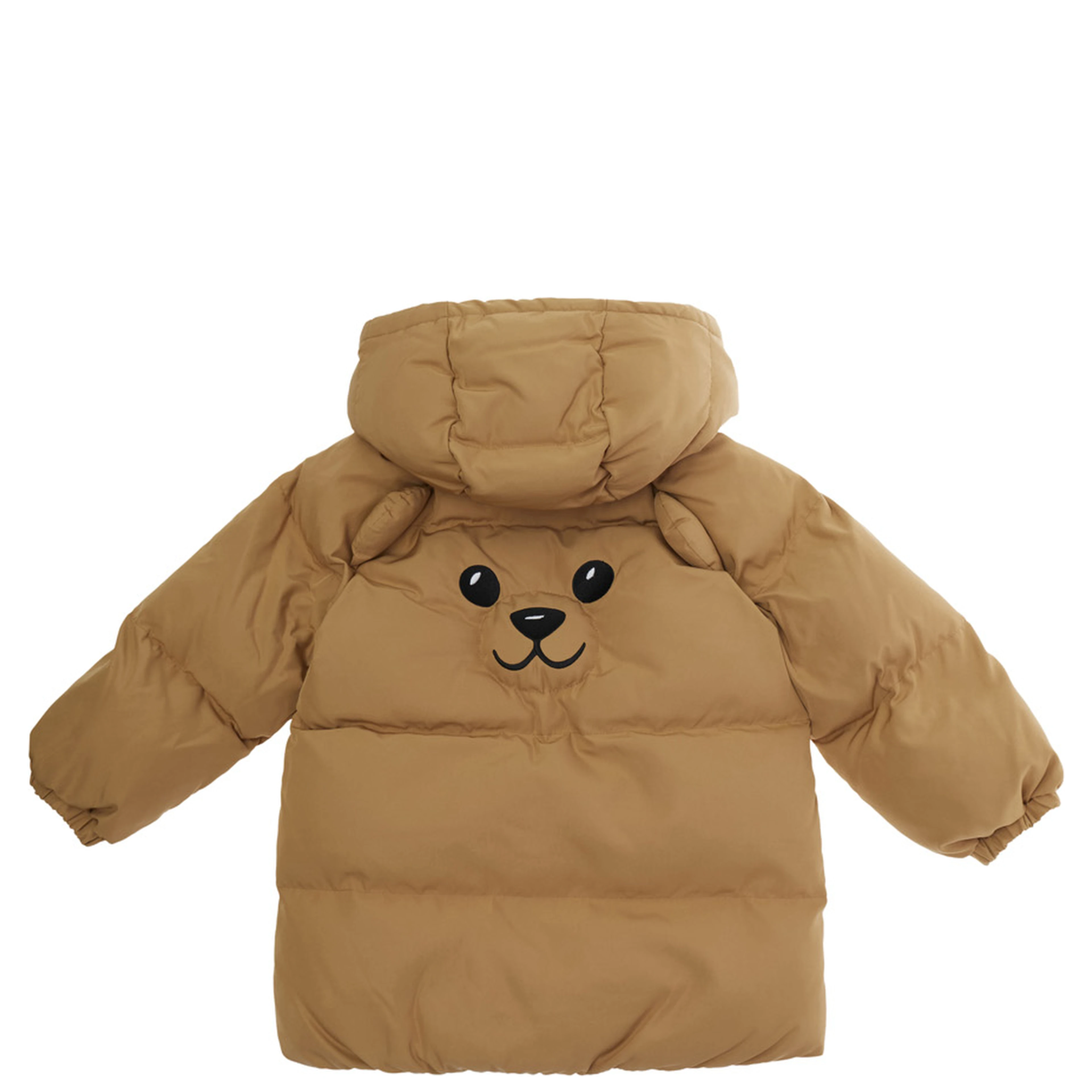 brown Padded jacket with logo on the front and little face on the back in Tech Fabric baby