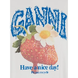 White Crew neck T-shirt with large logo lettering print and strawberries on the front in cotton for women