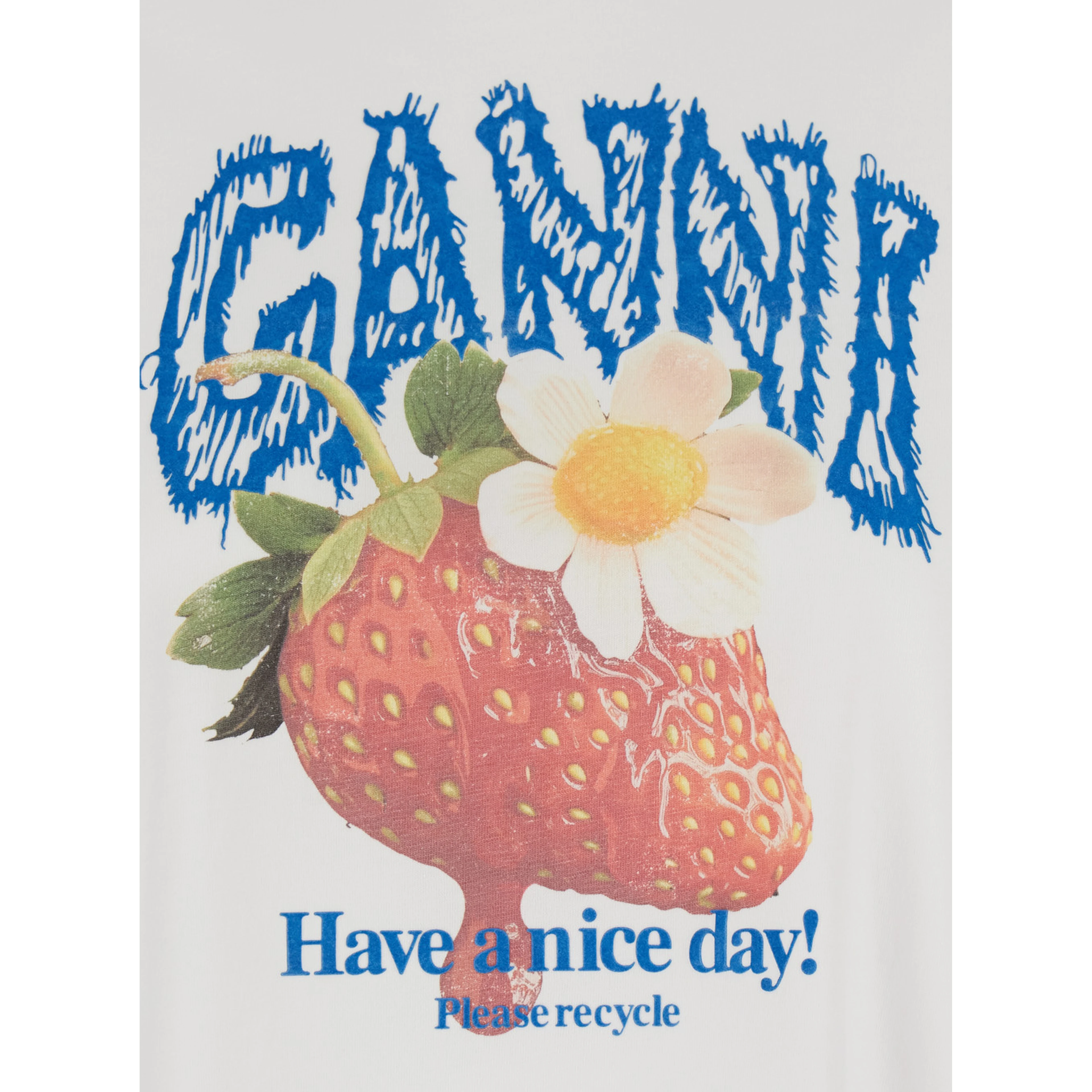 White Crew neck T-shirt with large logo lettering print and strawberries on the front in cotton for women