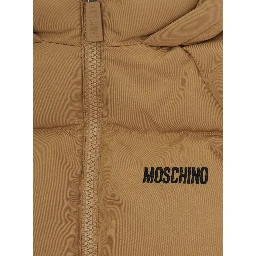 brown Padded jacket with logo on the front and little face on the back in Tech Fabric baby