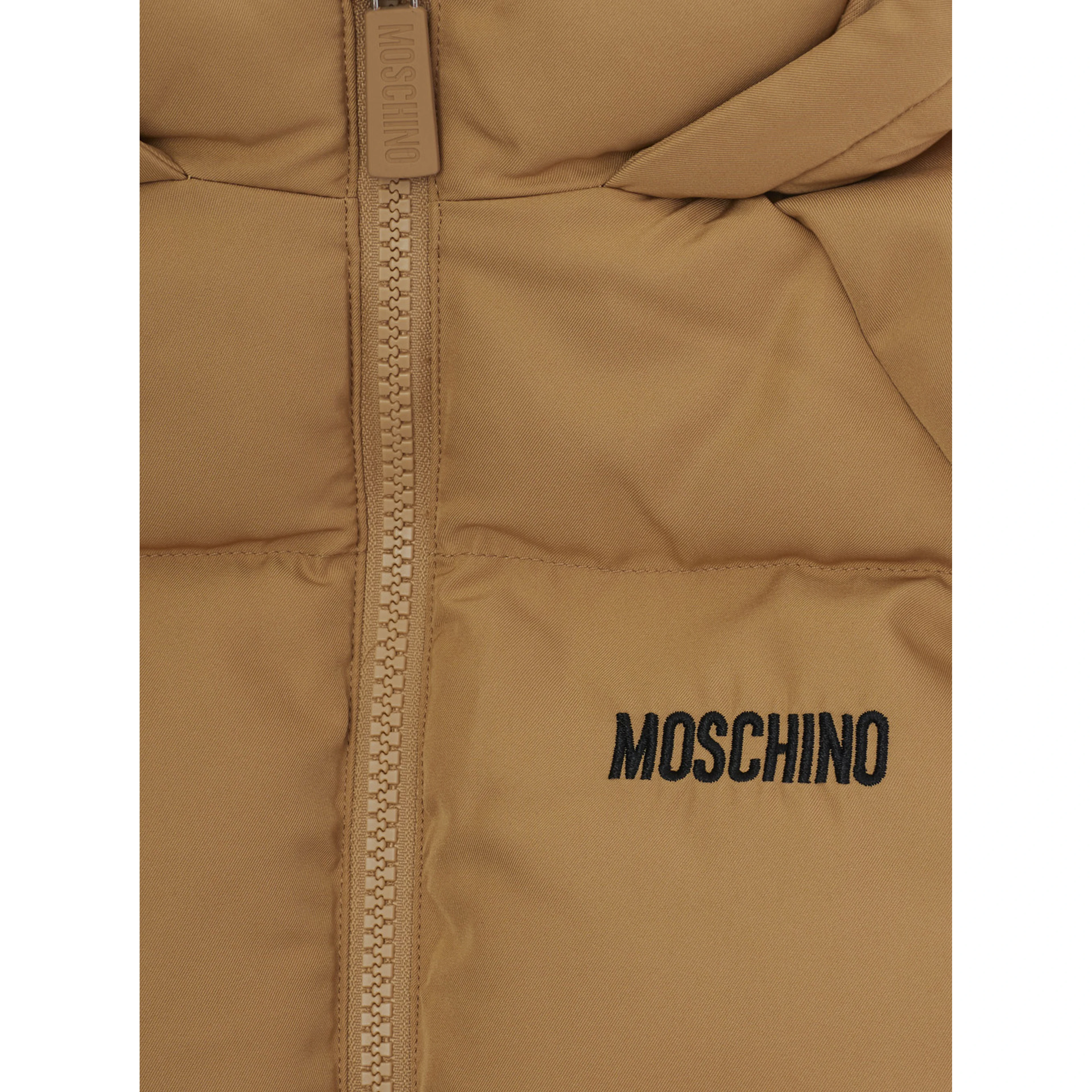 brown Padded jacket with logo on the front and little face on the back in Tech Fabric baby