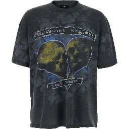 Romance Black Crew Neck T-shirt with Maxi Print on Front and Back and Faded Design in Cotton for Men