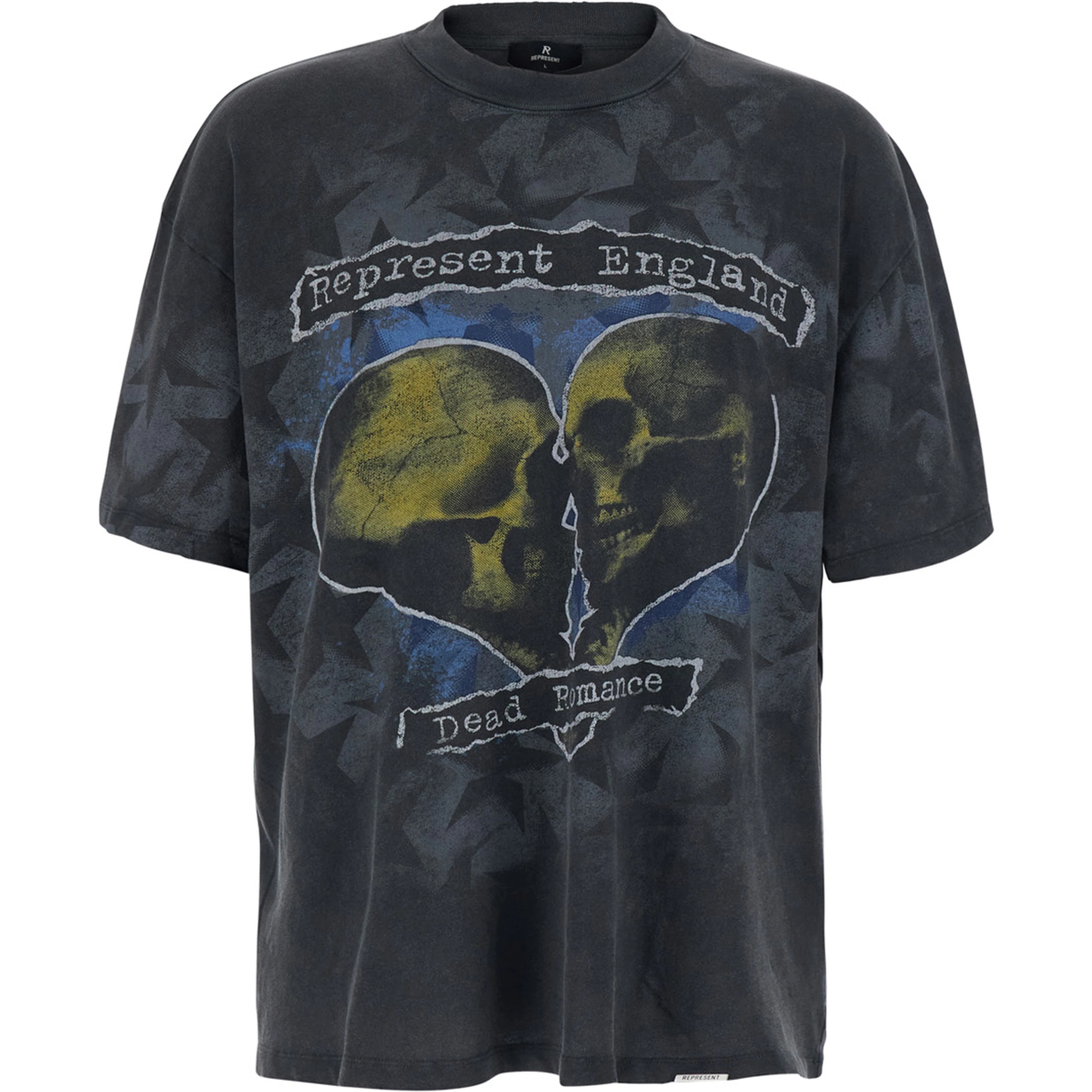 Romance Black Crew Neck T-shirt with Maxi Print on Front and Back and Faded Design in Cotton for Men