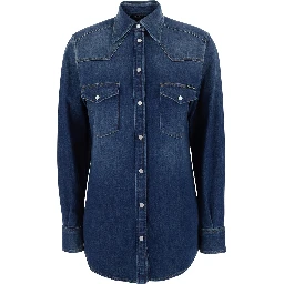 blue Shirt with classic collar and metallic logo patch on the back in denim for women