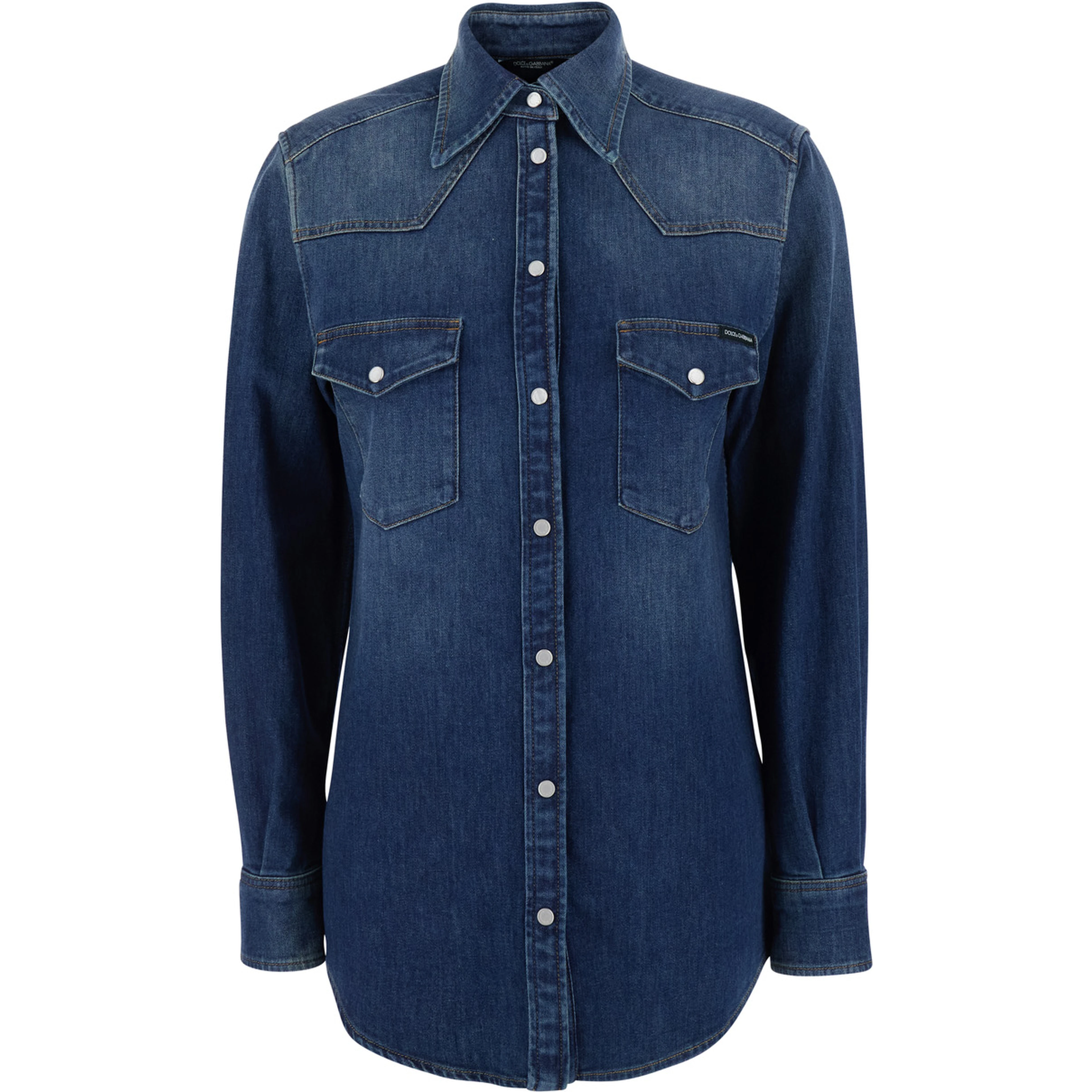 blue Shirt with classic collar and metallic logo patch on the back in denim for women
