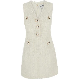 White Sleeveless Mini Dress with V-neck and Jewel Buttons in Tech Fabric for Women