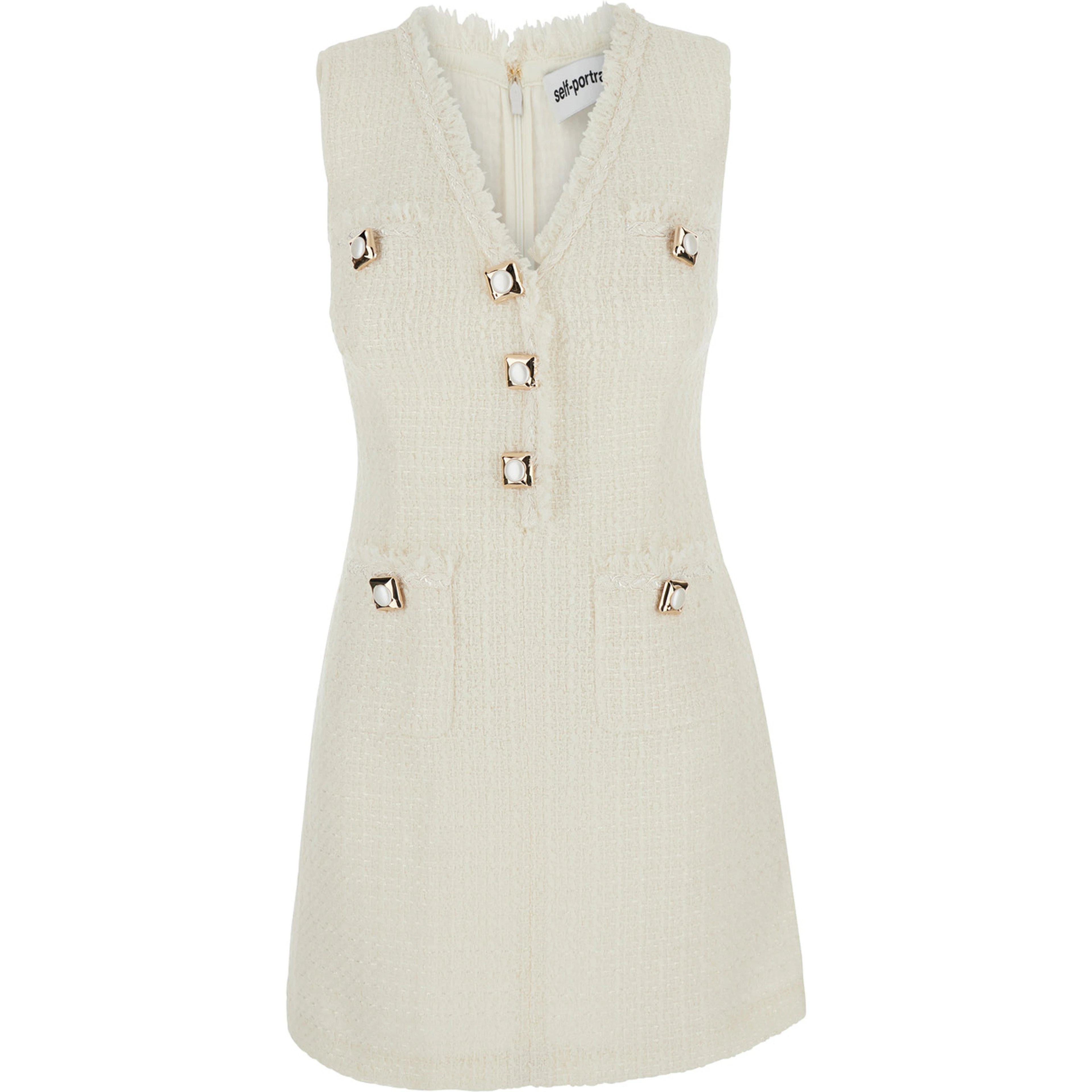 White Sleeveless Mini Dress with V-neck and Jewel Buttons in Tech Fabric for Women