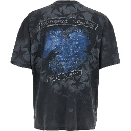 Romance Black Crew Neck T-shirt with Maxi Print on Front and Back and Faded Design in Cotton for Men
