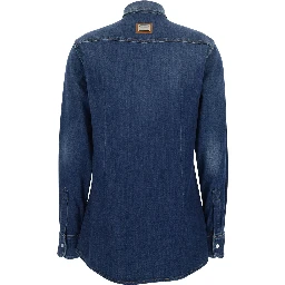 blue Shirt with classic collar and metallic logo patch on the back in denim for women