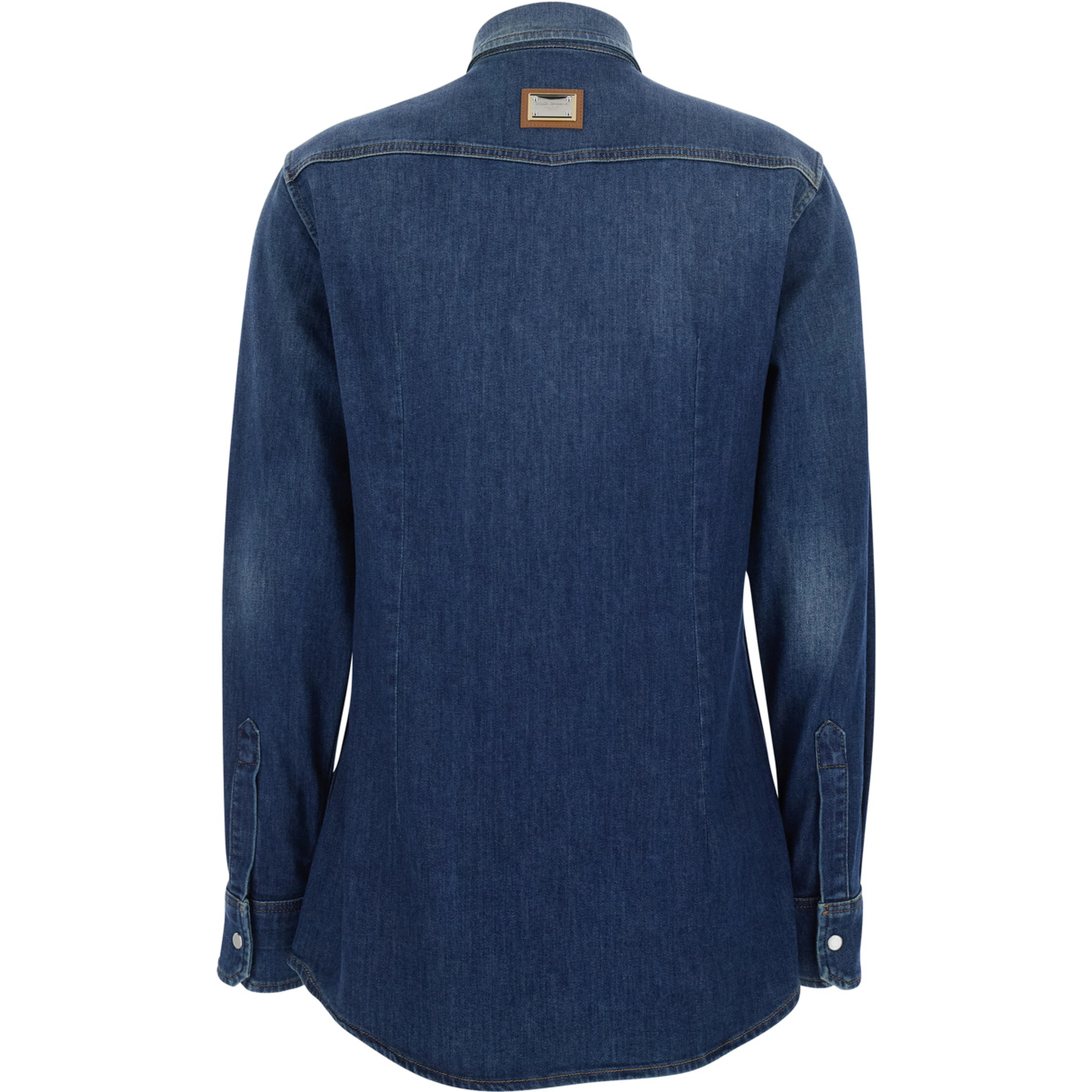 blue Shirt with classic collar and metallic logo patch on the back in denim for women