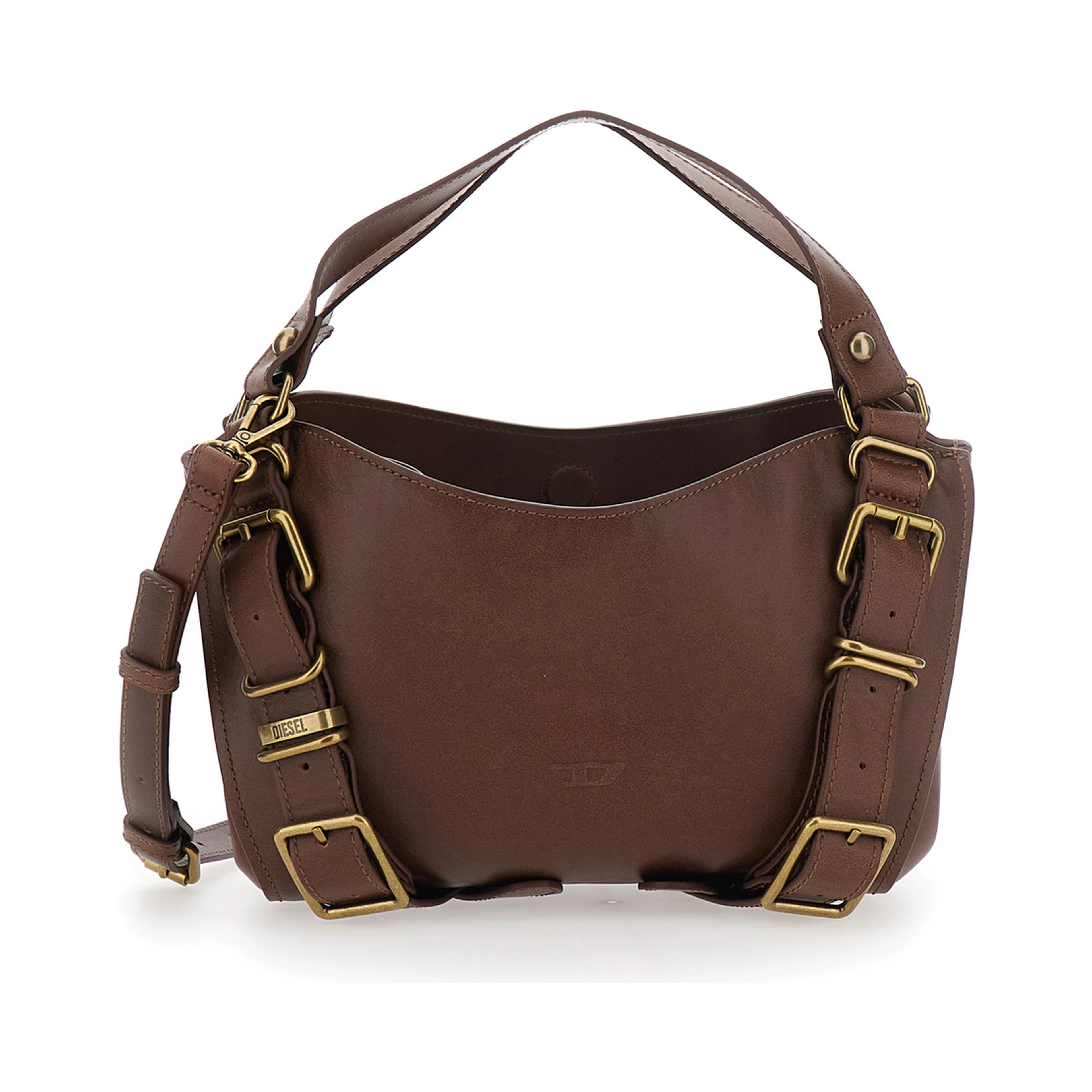 D-One Brown Shoulder bag with logo on the front and decorative straps with buckles in leather for women