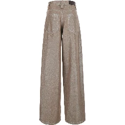 Beige jeans with faded effect and logo patch on the back in denim for women