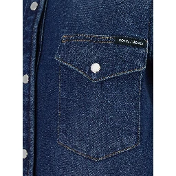 blue Shirt with classic collar and metallic logo patch on the back in denim for women