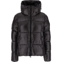 Biddy brown Down jacket with hood and logo patch on the sleeve in Tech Fabric women