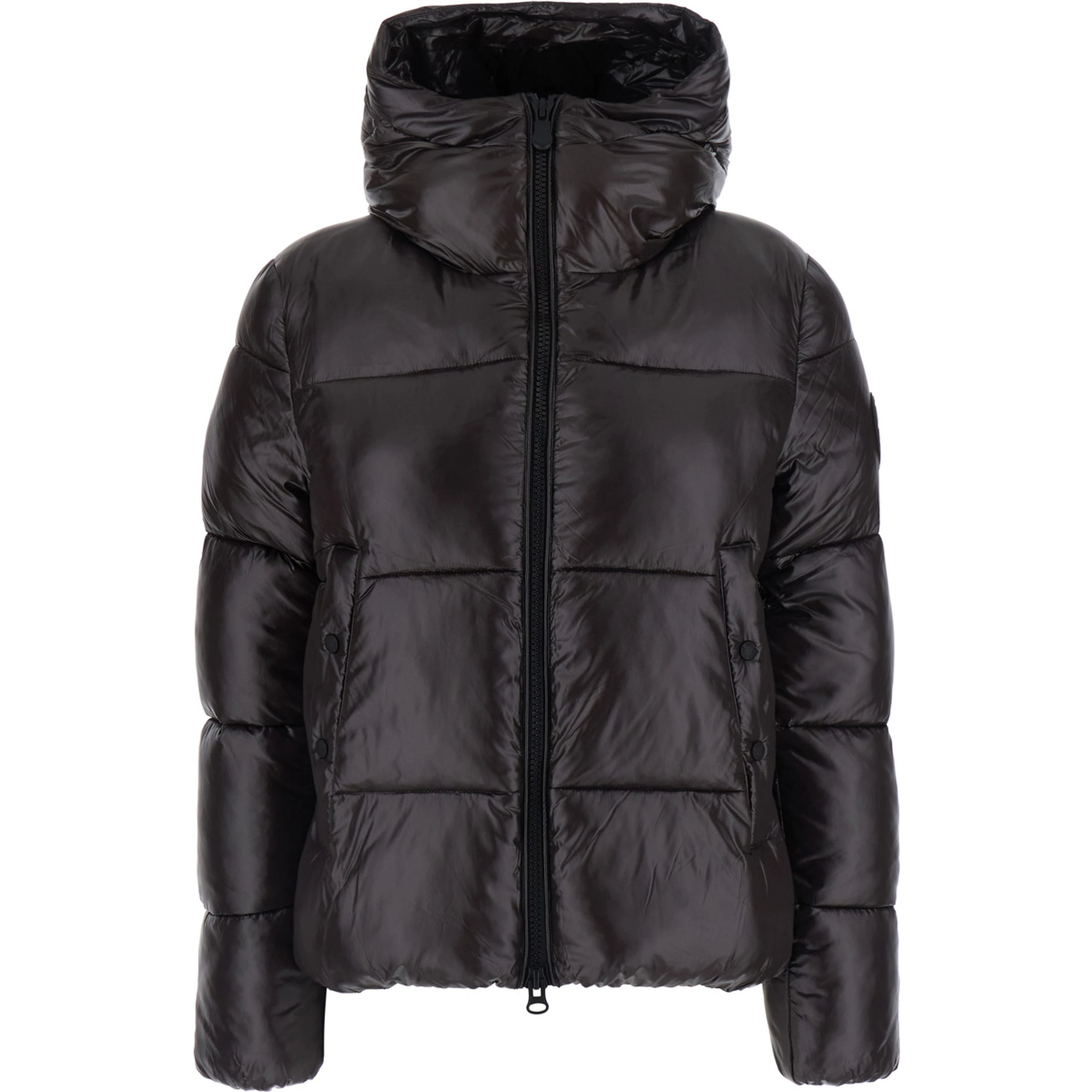 Biddy brown Down jacket with hood and logo patch on the sleeve in Tech Fabric women