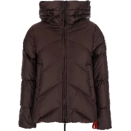 Helsinki Brown Down jacket with hood and logo patch on the sleeve in Tech Fabric women