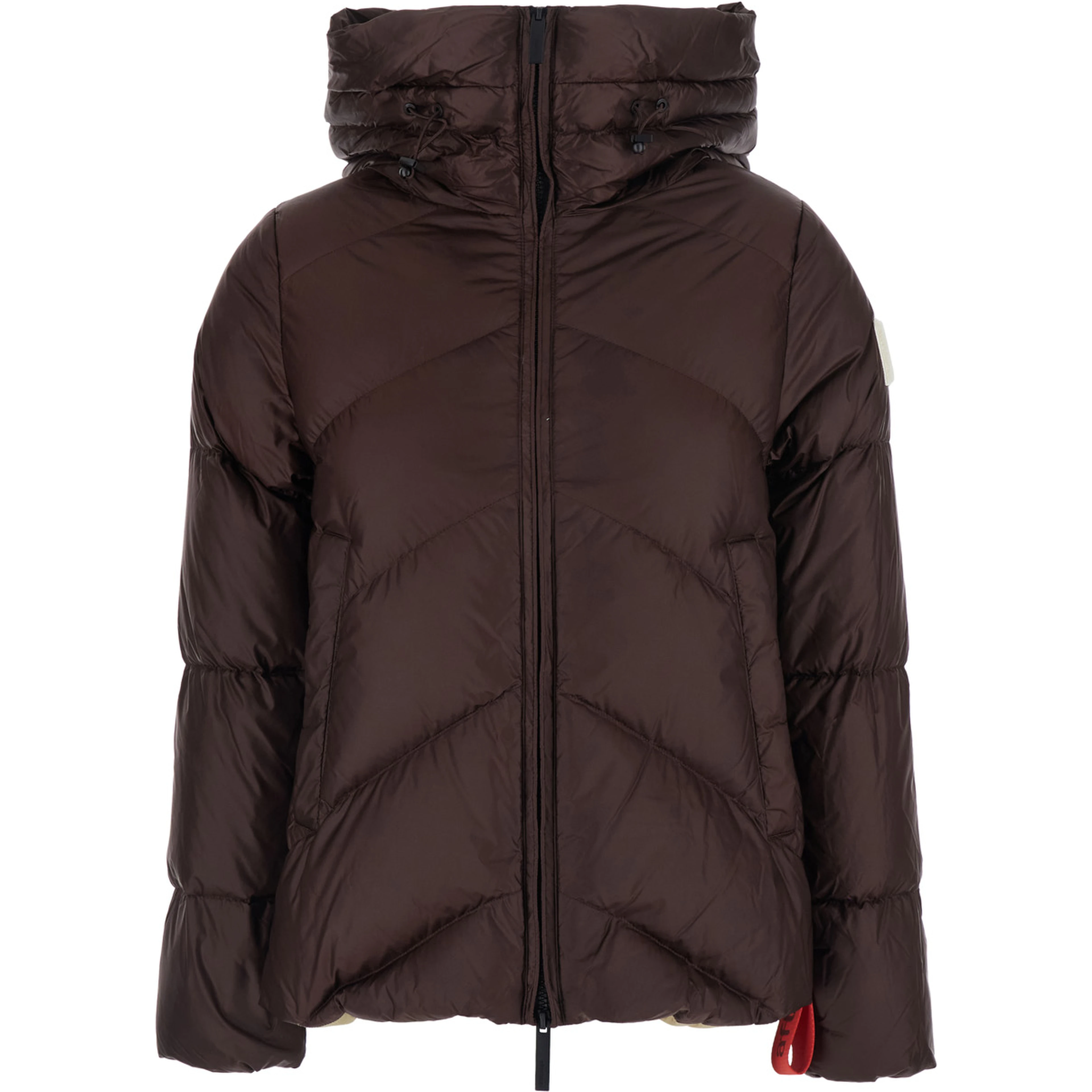 Helsinki Brown Down jacket with hood and logo patch on the sleeve in Tech Fabric women