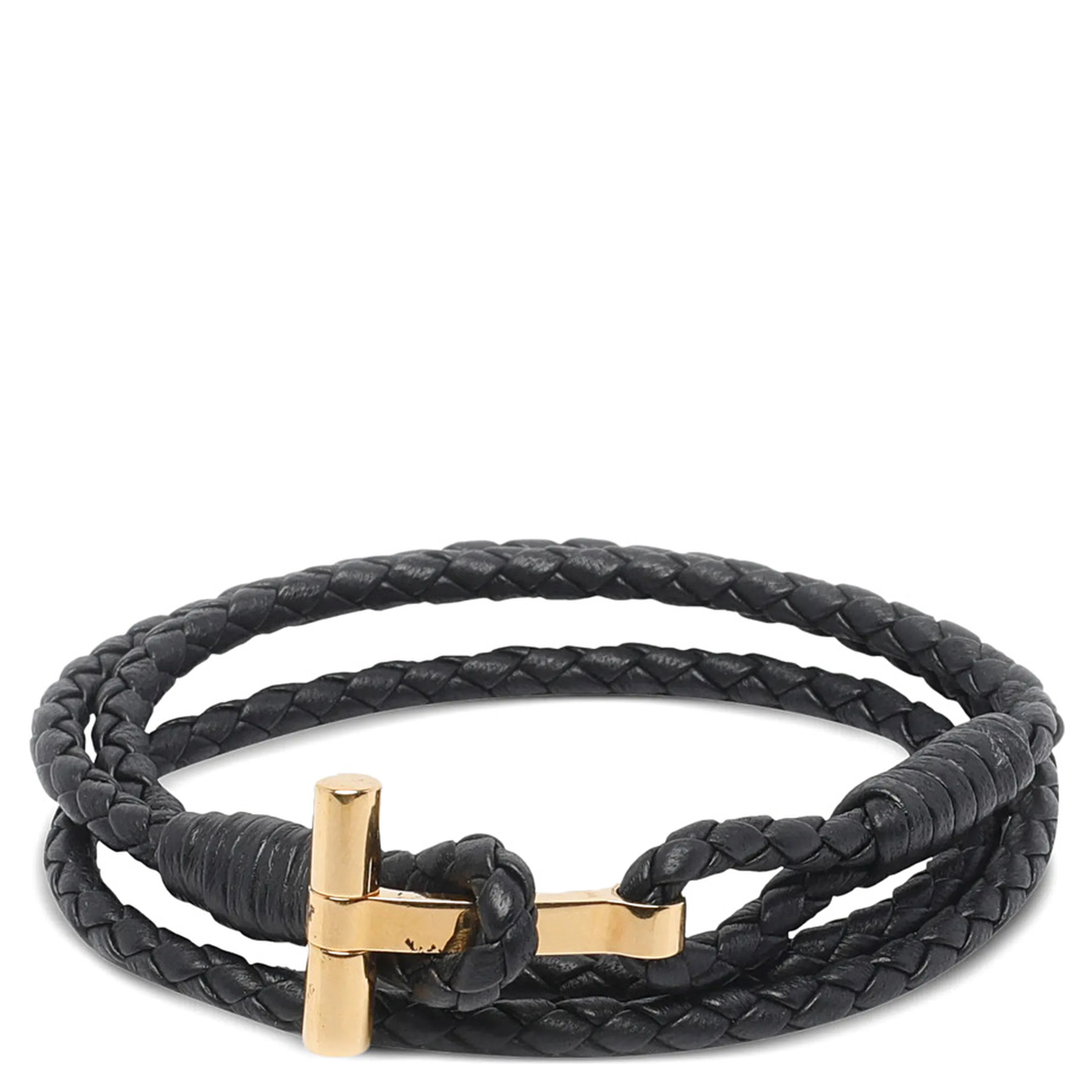 Black Bracelet with woven design and T plaque closure in leather for men