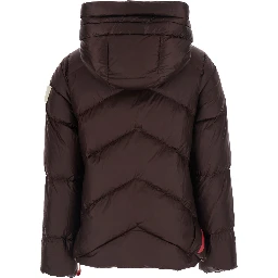 Helsinki Brown Down jacket with hood and logo patch on the sleeve in Tech Fabric women