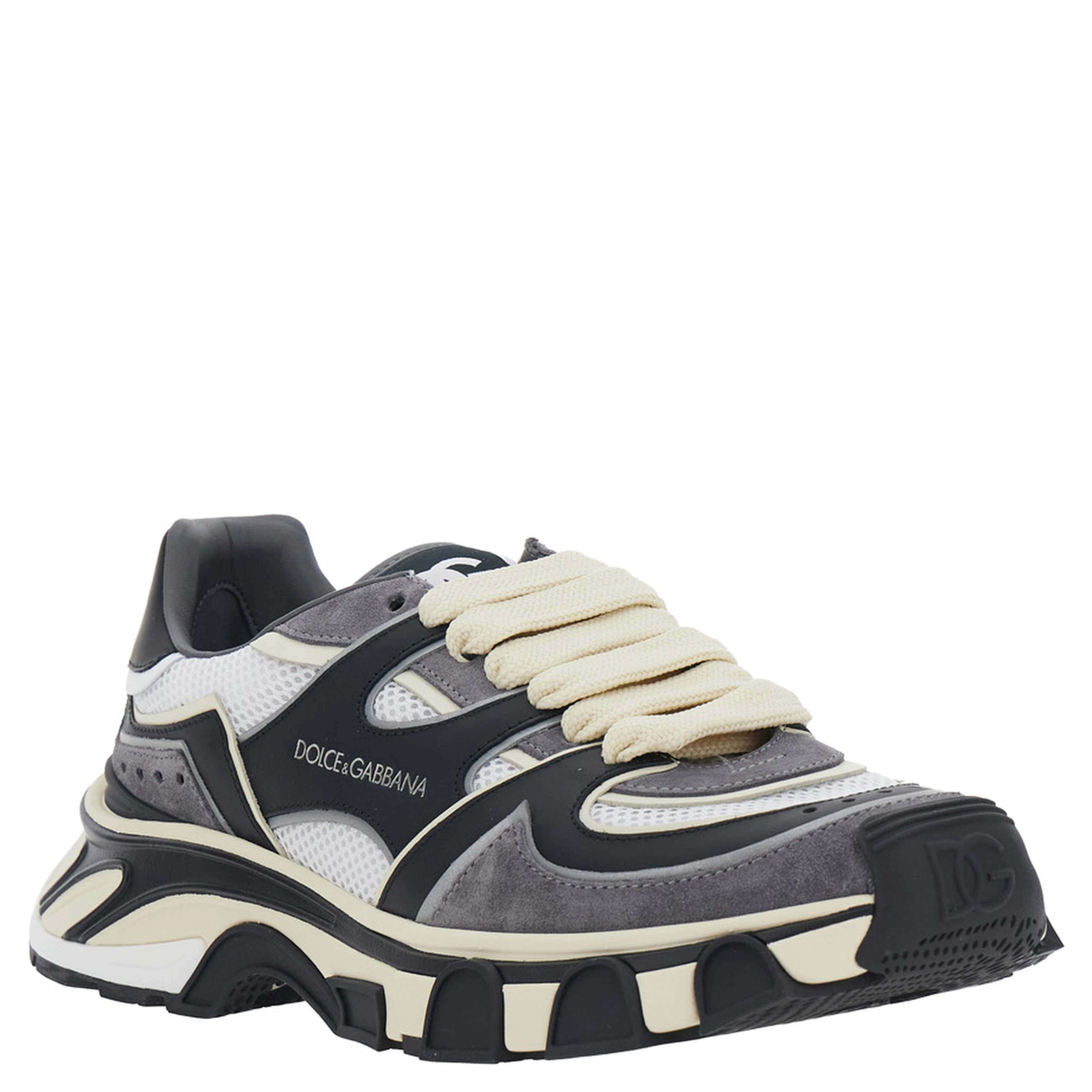 white and black Sneakers with logo lettering on the side and design with leather and suede inserts for men