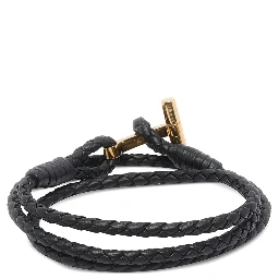 Black Bracelet with woven design and T plaque closure in leather for men