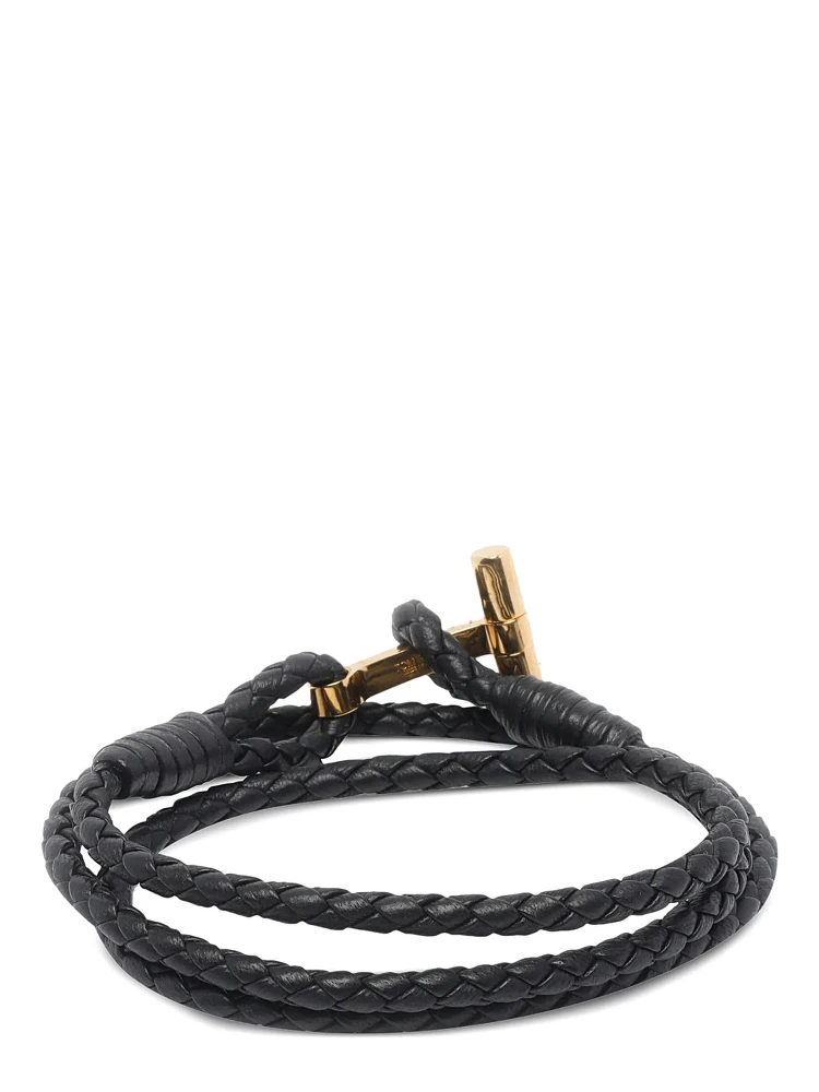 Black Bracelet with woven design and T plaque closure in leather for men alternative