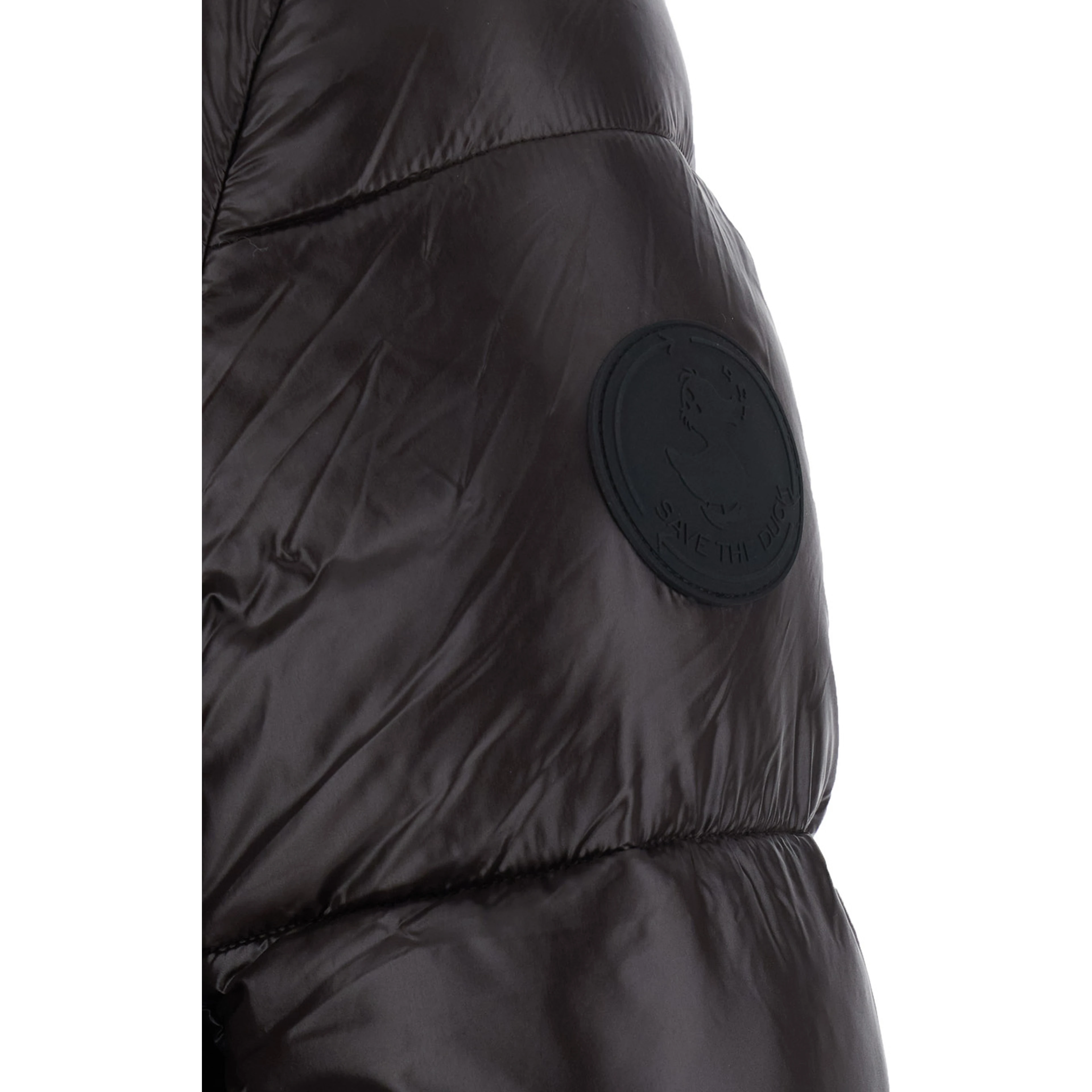 Biddy brown Down jacket with hood and logo patch on the sleeve in Tech Fabric women