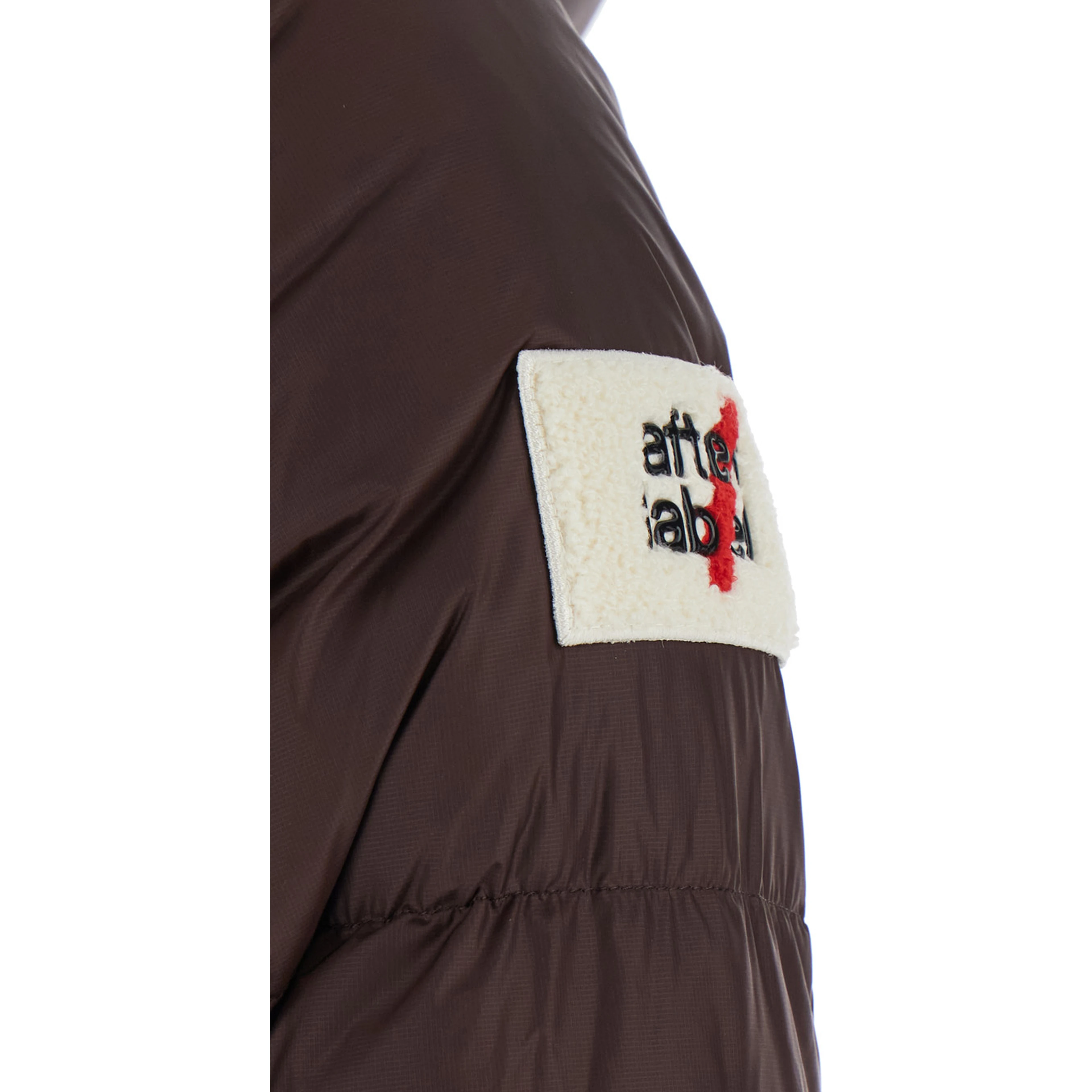 Helsinki Brown Down jacket with hood and logo patch on the sleeve in Tech Fabric women