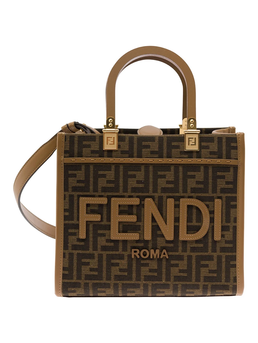Tote bag Piccola Sunshine with FF Jacquard Fabric and Brown Leather for Women