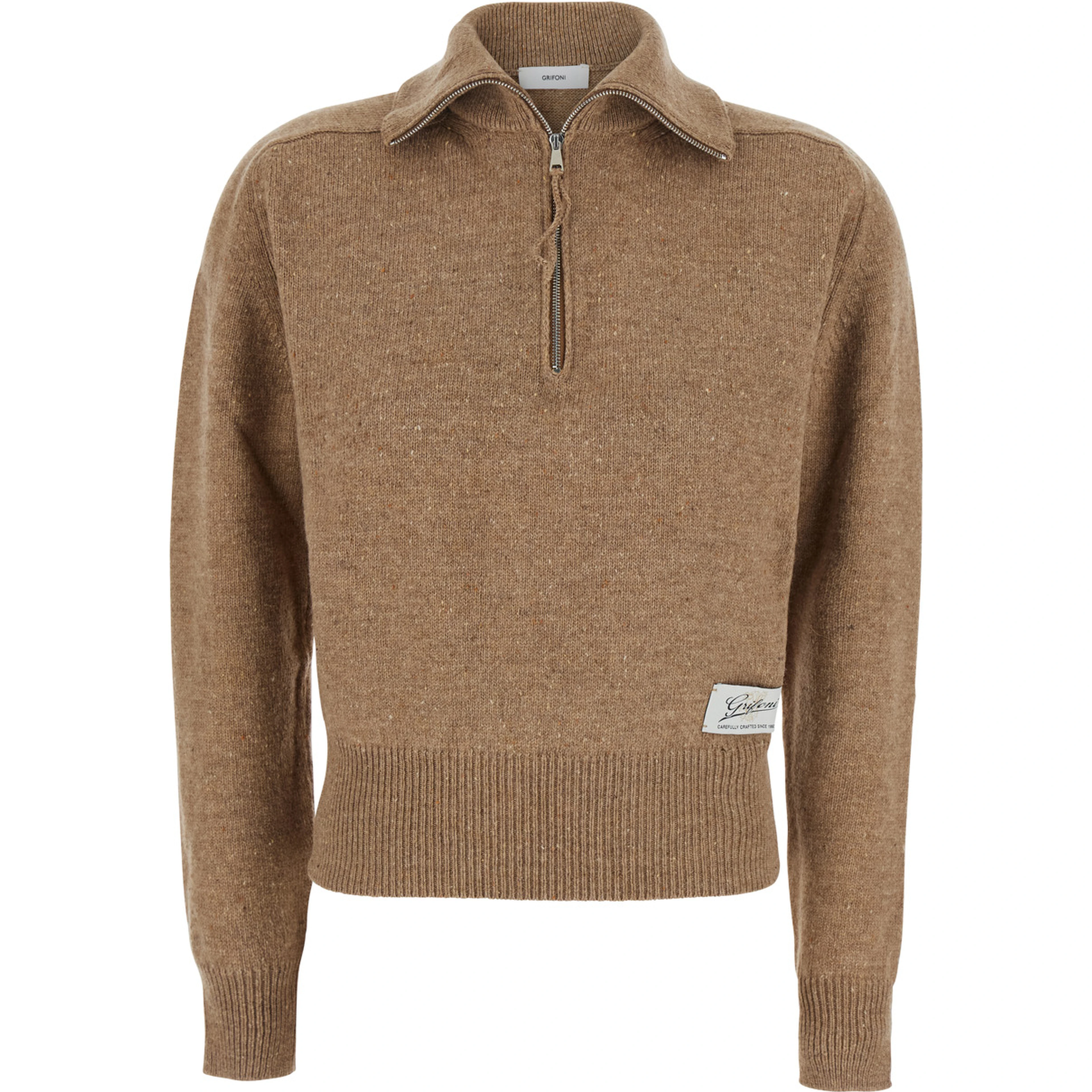 WOOL ZIP PULL with zip closure and high collar in Beige Wool Men