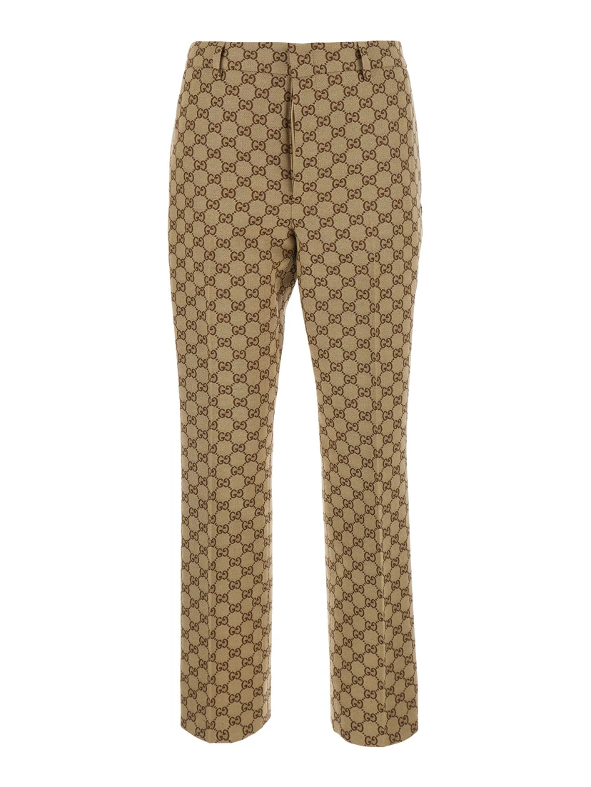 Beige Pants with GG All-Over Motif in Fabric for Women