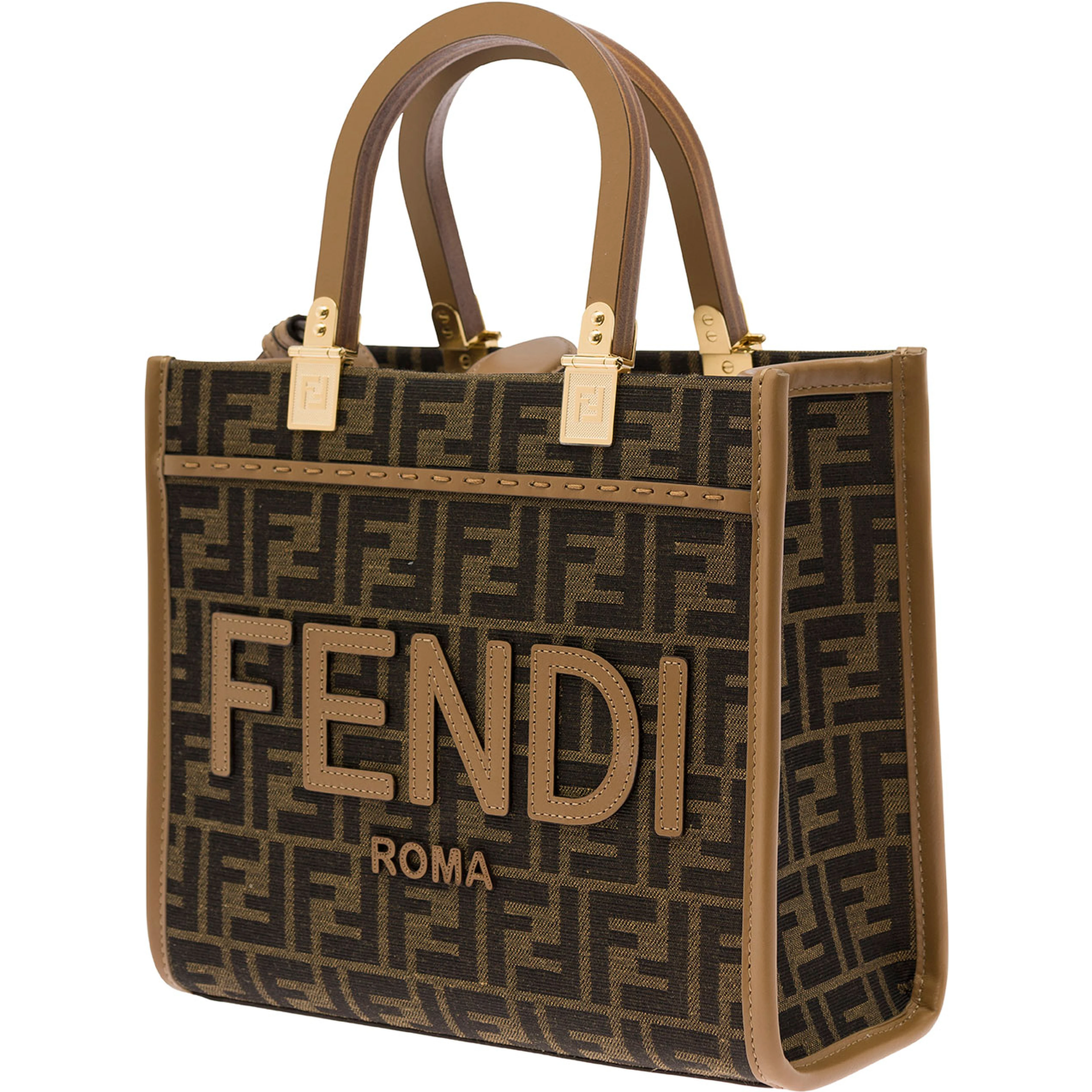Tote bag Piccola Sunshine with FF Jacquard Fabric and Brown Leather for Women