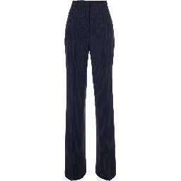Blue Tailored Pants with All-Over Striped Motif in Wool for Women