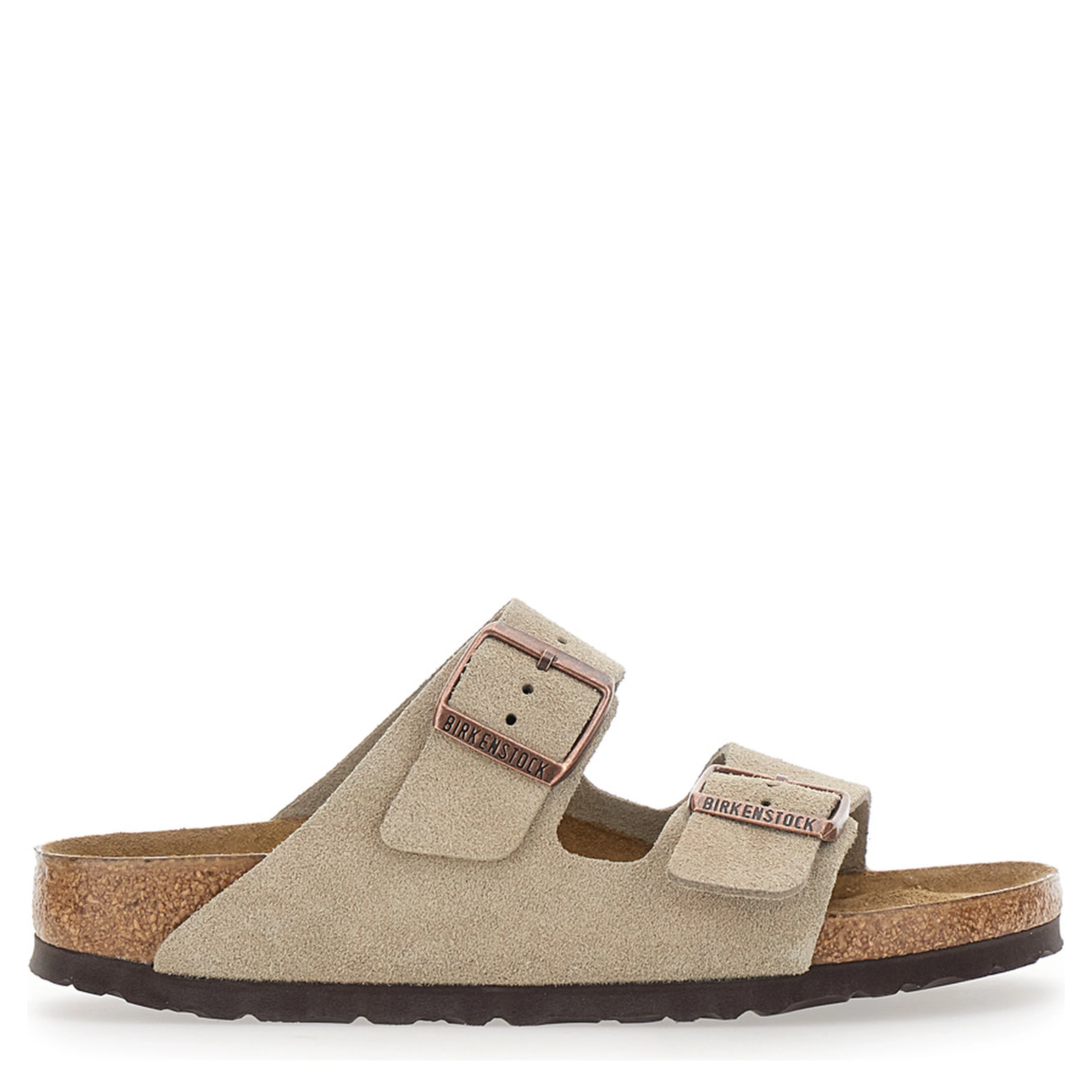 Arizona Beige Sandals with buckle straps and logo lettering on the side in leather for women