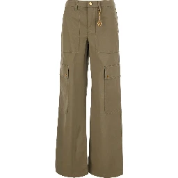 green Cargo Pants with hanging logo plate on the front in Cotton for Women