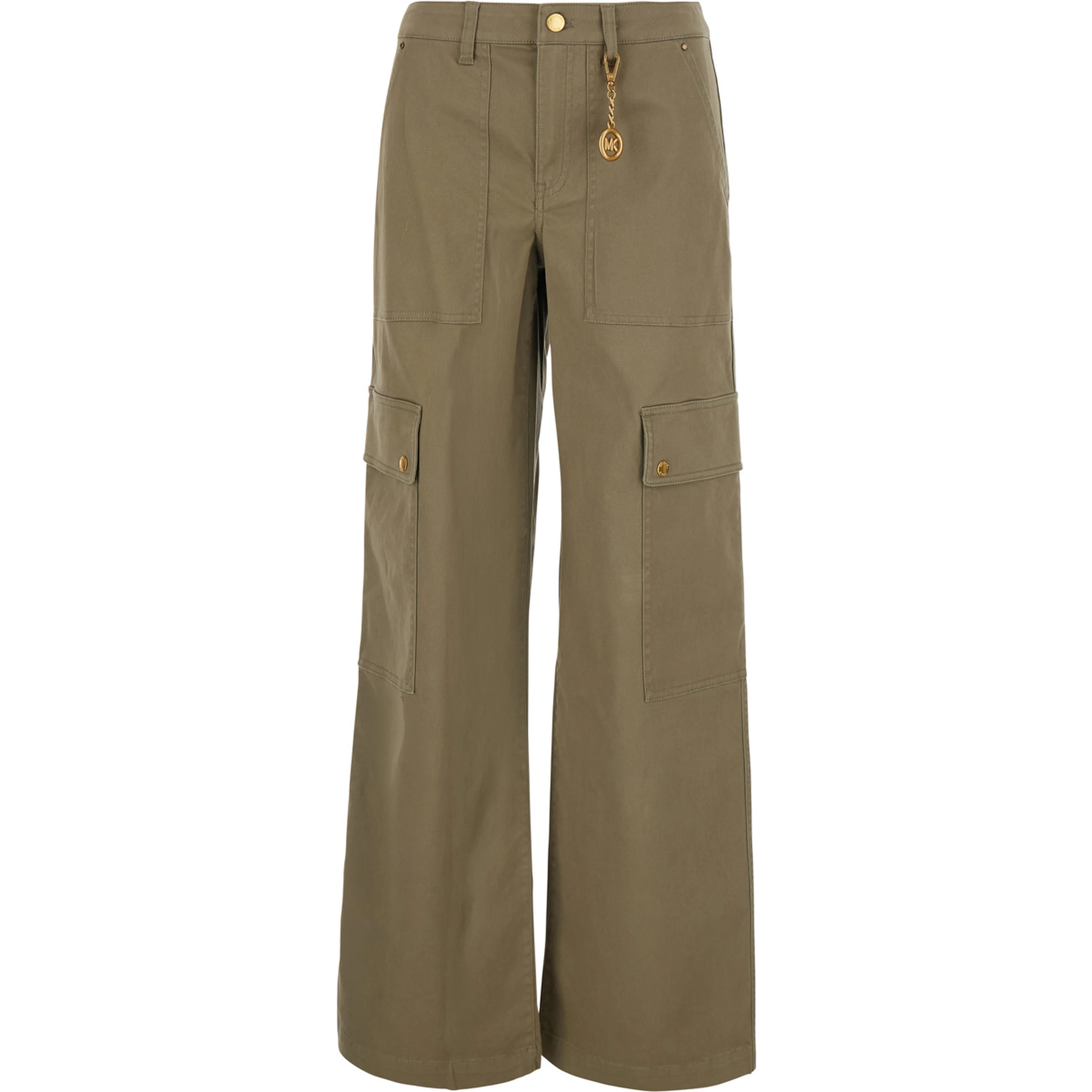 green Cargo Pants with hanging logo plate on the front in Cotton for Women