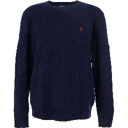 Crewneck Sweater with Braided Knit and Pony Embroidery on the Front in Wool and Cashmere Blue Men